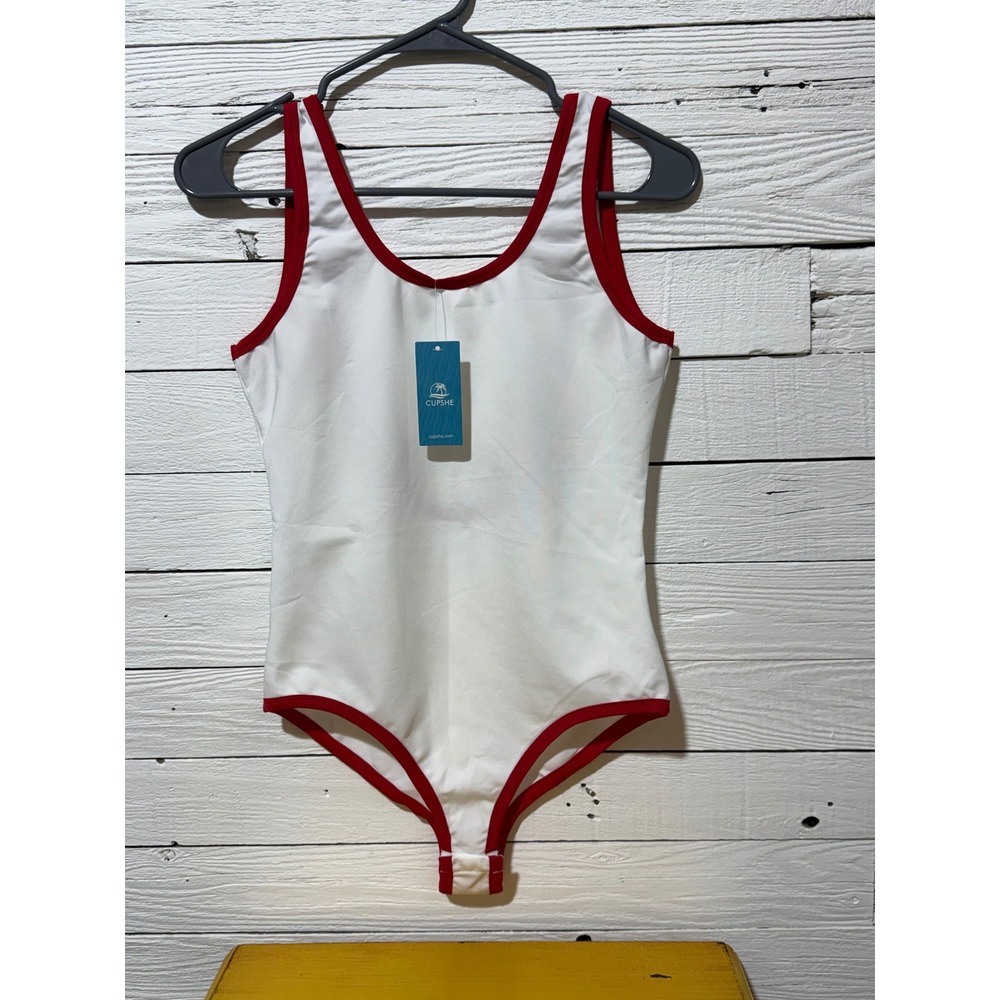 CUPSHE White Red Ringer Bodysuit Scoop Neck Low Back Medium CAA13C4E001CE - Picture 2 of 5